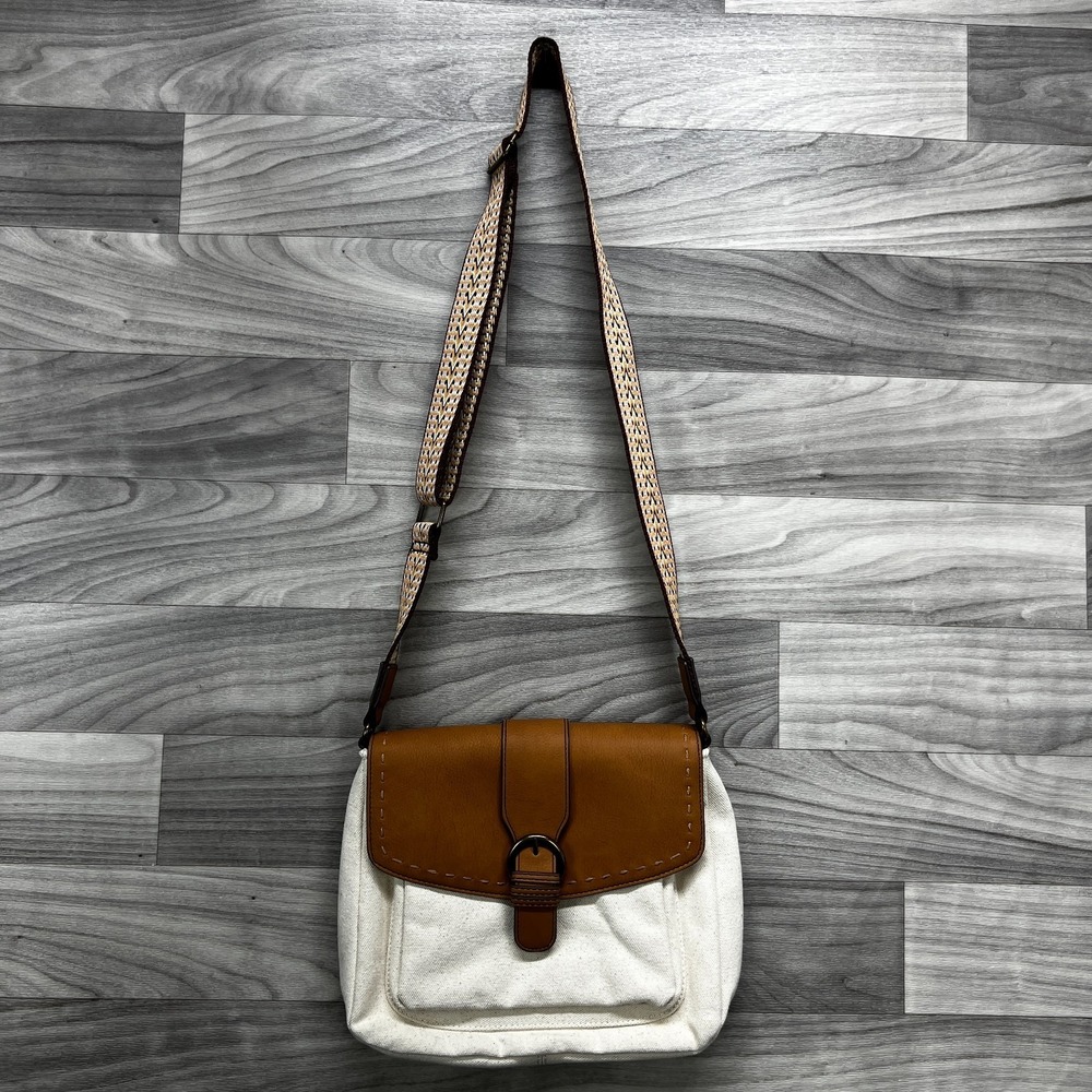A.N.A Crossbody Bag Womens Cream Tan Canvas Woven Zip Pocket Classic Everyday